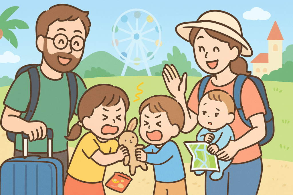 2児の母と家族が子連れ旅行中、子どもたちのけんかをママが明るく仲裁しながら、家族全員で楽しく旅をする様子を描いたイラスト。