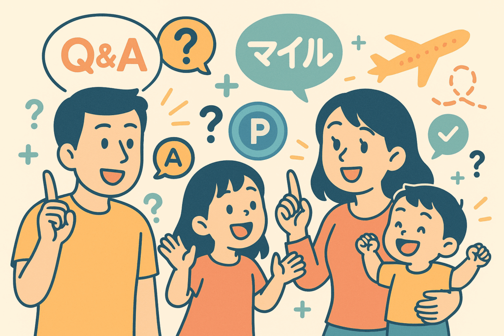 マイル初心者の家族(2児の母・パパ・0歳男の子・3歳女の子)が、マイルのQ&Aやポイント、旅行の疑問について楽しそうに相談しているポップなイラスト。