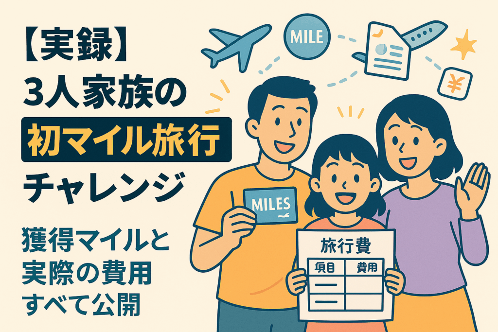 3人家族がマイルカードや旅行費用表を持ち、飛行機やマイルのアイコンと「実録 初マイル旅行チャレンジ」のタイトル入りイラスト。