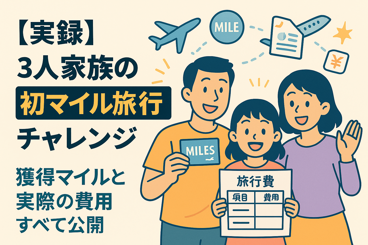 3人家族がマイルカードや旅行費用表を持ち、飛行機やマイルのアイコンと「実録 初マイル旅行チャレンジ」のタイトル入りイラスト。
