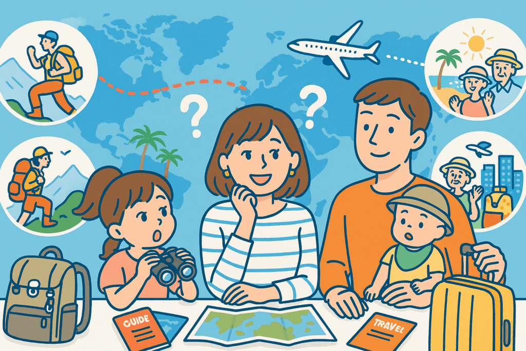 世界地図を背景に、2児の母と家族が旅行ガイドやマップを見ながら、それぞれに合った家族旅行の計画を楽しく立てているイラスト。