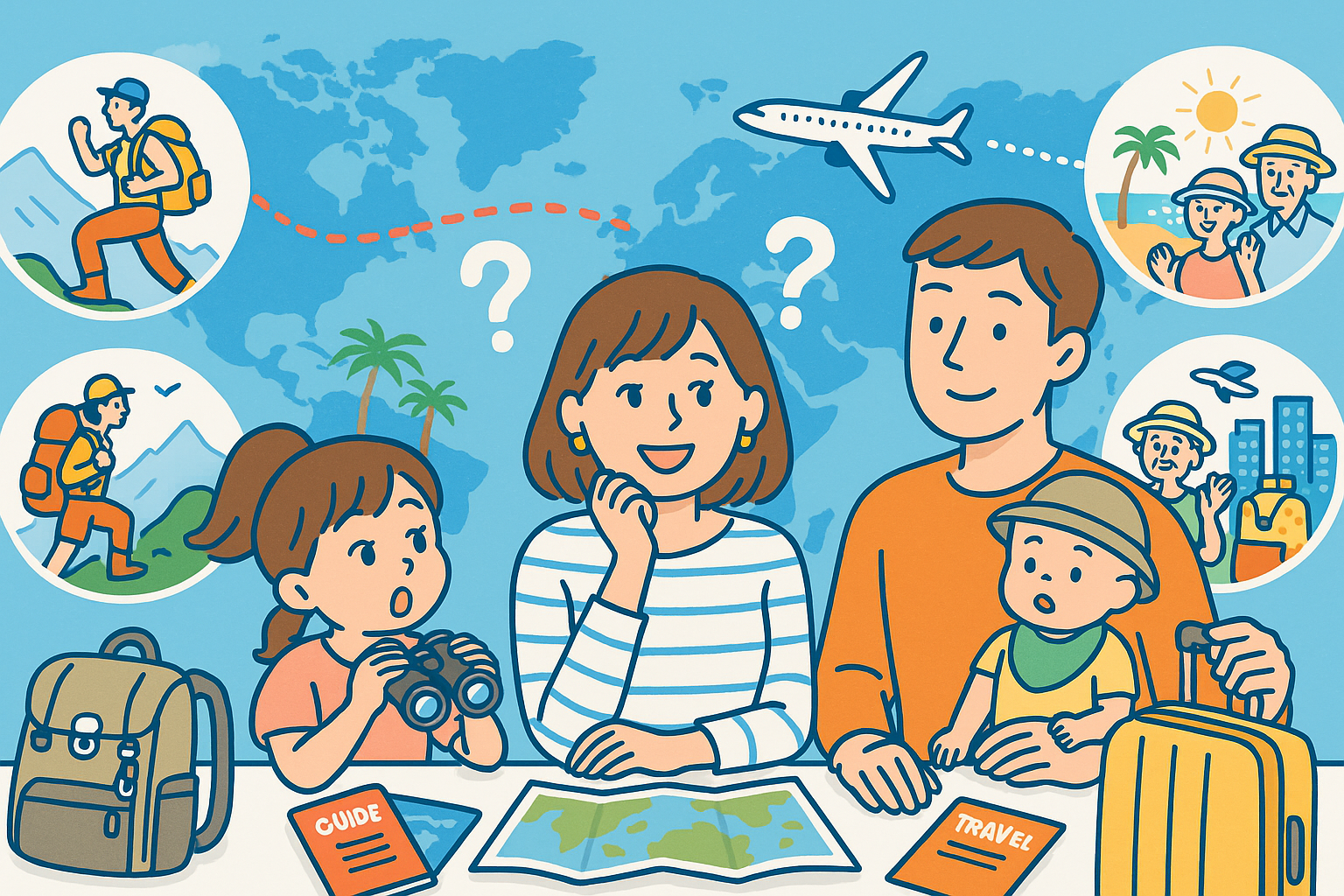 世界地図を背景に、2児の母と家族が旅行ガイドやマップを見ながら、それぞれに合った家族旅行の計画を楽しく立てているイラスト。