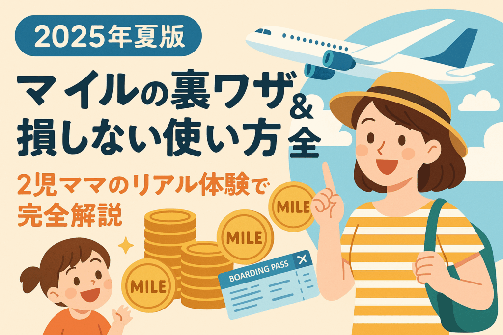 2025年夏版のマイル活用ガイドを紹介するイラスト。2児ママが指を立てて説明しており、背景には飛行機、マイルコイン、搭乗券、子どもが登場。『マイルの裏ワザ&損しない使い方大全』というタイトルが大きく描かれている。