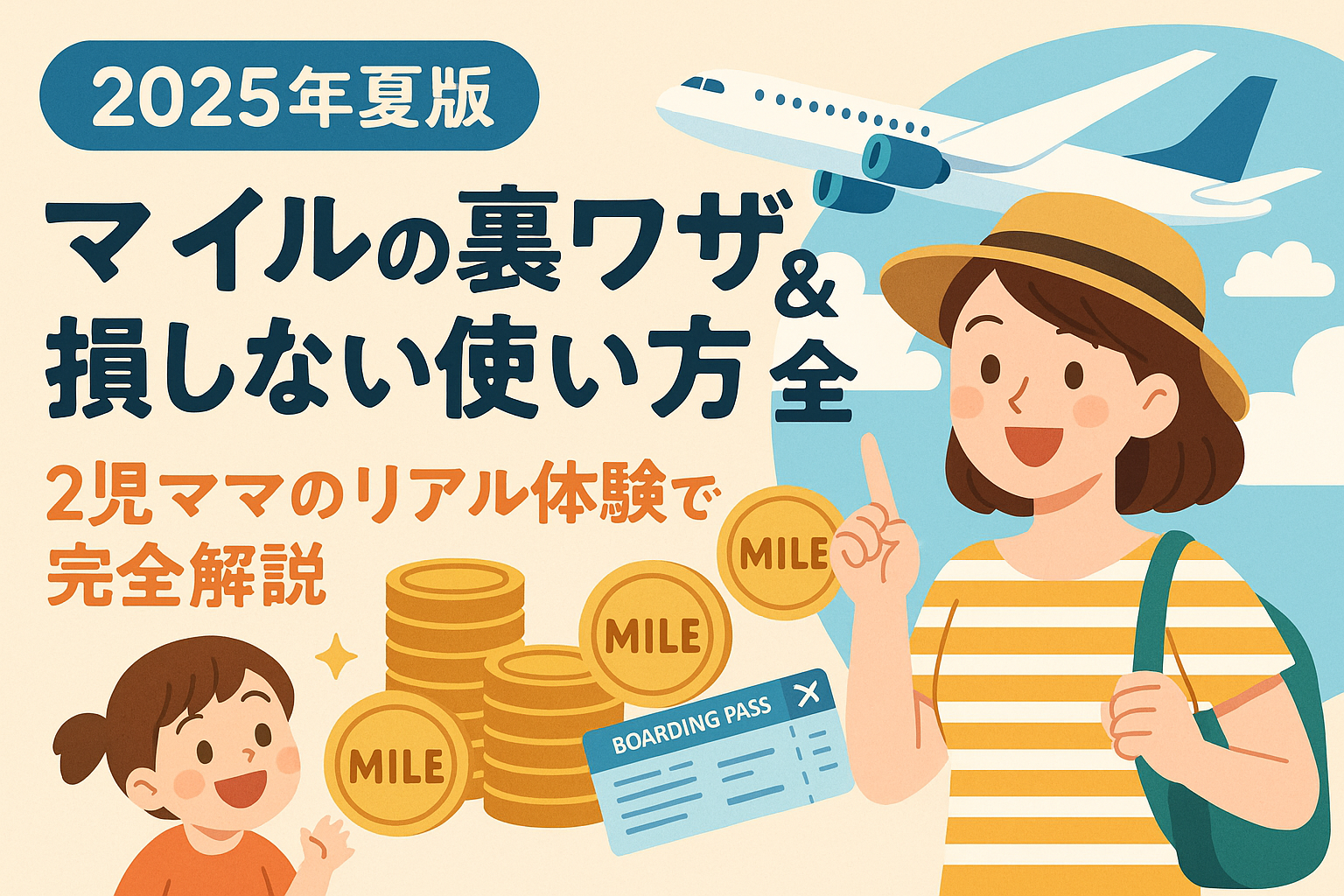 2025年夏版のマイル活用ガイドを紹介するイラスト。2児ママが指を立てて説明しており、背景には飛行機、マイルコイン、搭乗券、子どもが登場。『マイルの裏ワザ＆損しない使い方大全』というタイトルが大きく描かれている。