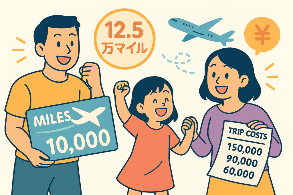 家族3人がマイルカードや旅行費用表を手に笑顔で並ぶイラスト。飛行機やマイル・費用のアイコン入り。