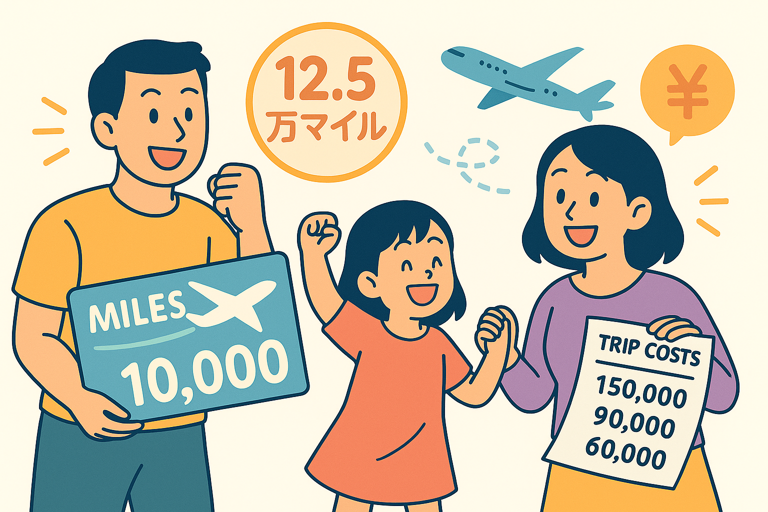家族3人がマイルカードや旅行費用表を手に笑顔で並ぶイラスト。飛行機やマイル・費用のアイコン入り。