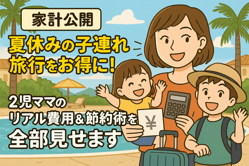 夏休みに子連れで旅行する家族のイラスト。母親が電卓を持ち、子どもたちが円マークの札やスーツケースを持って笑顔で並ぶ。『家計公開』『夏休みの子連れ旅行をお得に！』『2児ママのリアル費用＆節約術を全部見せます』のテキスト入り。