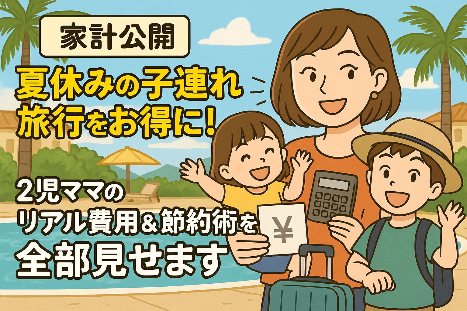 夏休みに子連れで旅行する家族のイラスト。母親が電卓を持ち、子どもたちが円マークの札やスーツケースを持って笑顔で並ぶ。『家計公開』『夏休みの子連れ旅行をお得に！』『2児ママのリアル費用＆節約術を全部見せます』のテキスト入り。