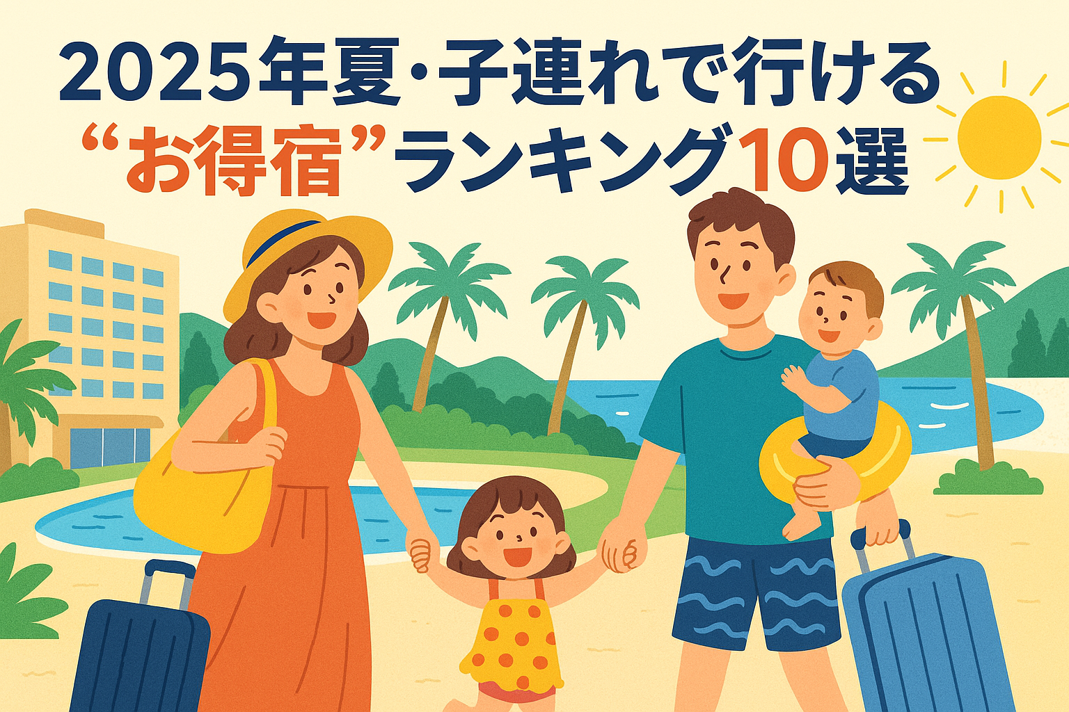 夏のリゾートホテルに向かう2児の家族（0歳男の子・3歳女の子・ママ・パパ）が、プールや海辺で楽しそうに旅行を満喫している、明るく親しみやすいイラスト。
