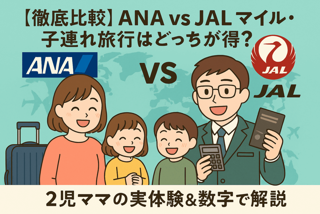 2児の母と家族が、ANAとJALの特徴を比べながら、空港で旅行計画を楽しく相談しているイラスト。青と赤のイメージカラーが左右に分かれ、比較感と家族旅行のワクワク感が伝わる明るい雰囲気です。