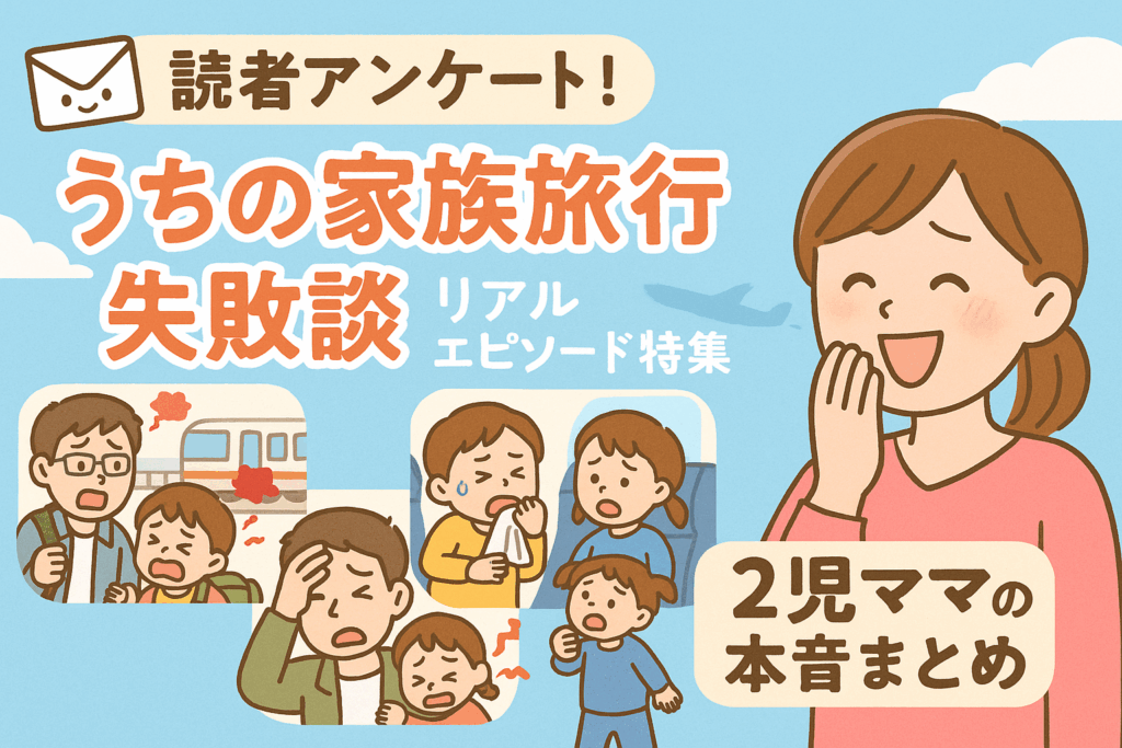 読者アンケート！うちの家族旅行失敗談の特集イラスト。2児ママが笑顔で話しながら、背景には電車遅延、機内での子どもぐずり、宿泊先での夜泣きなどの家族旅行トラブル場面が描かれている。タイトルには『リアルエピソード特集 2児ママの本音まとめ』と書かれている。
