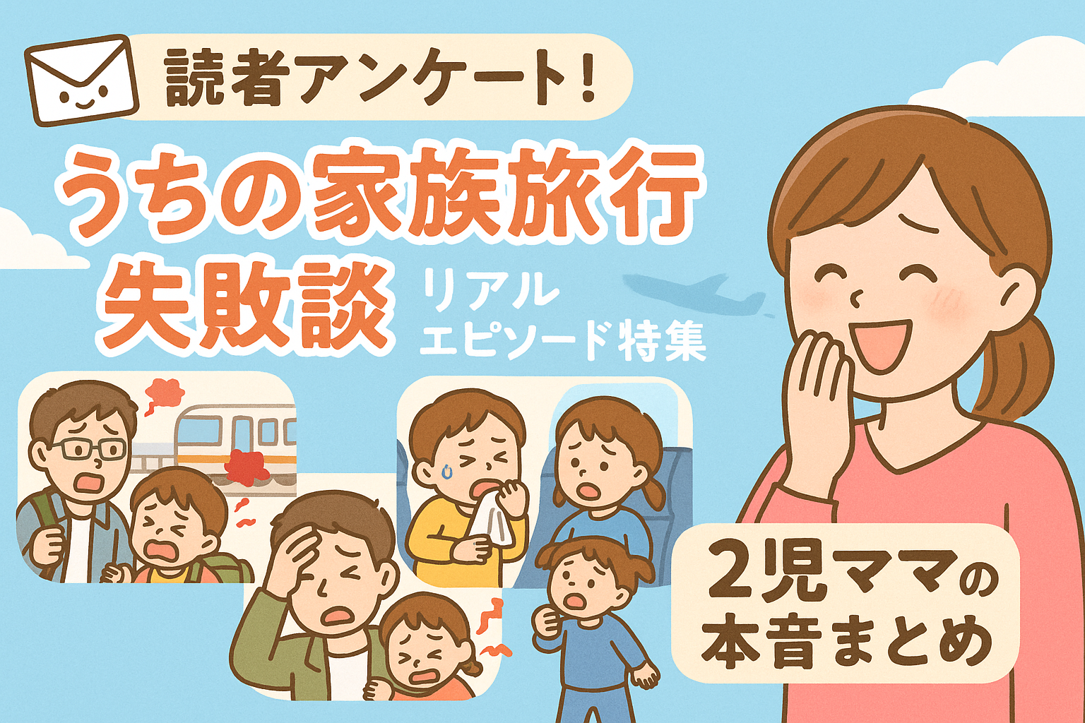 読者アンケート！うちの家族旅行失敗談の特集イラスト。2児ママが笑顔で話しながら、背景には電車遅延、機内での子どもぐずり、宿泊先での夜泣きなどの家族旅行トラブル場面が描かれている。タイトルには『リアルエピソード特集 2児ママの本音まとめ』と書かれている。