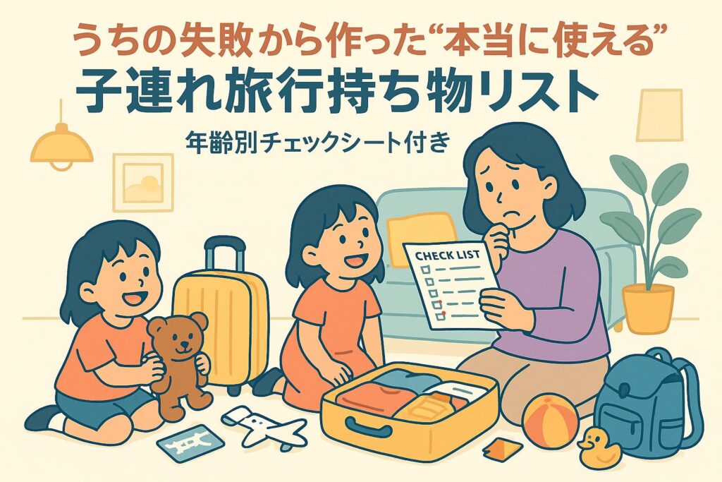 失敗談を語るような表情で旅行準備をする2児のママと子どもたち、持ち物チェックリストと荷造り風景のイラスト。