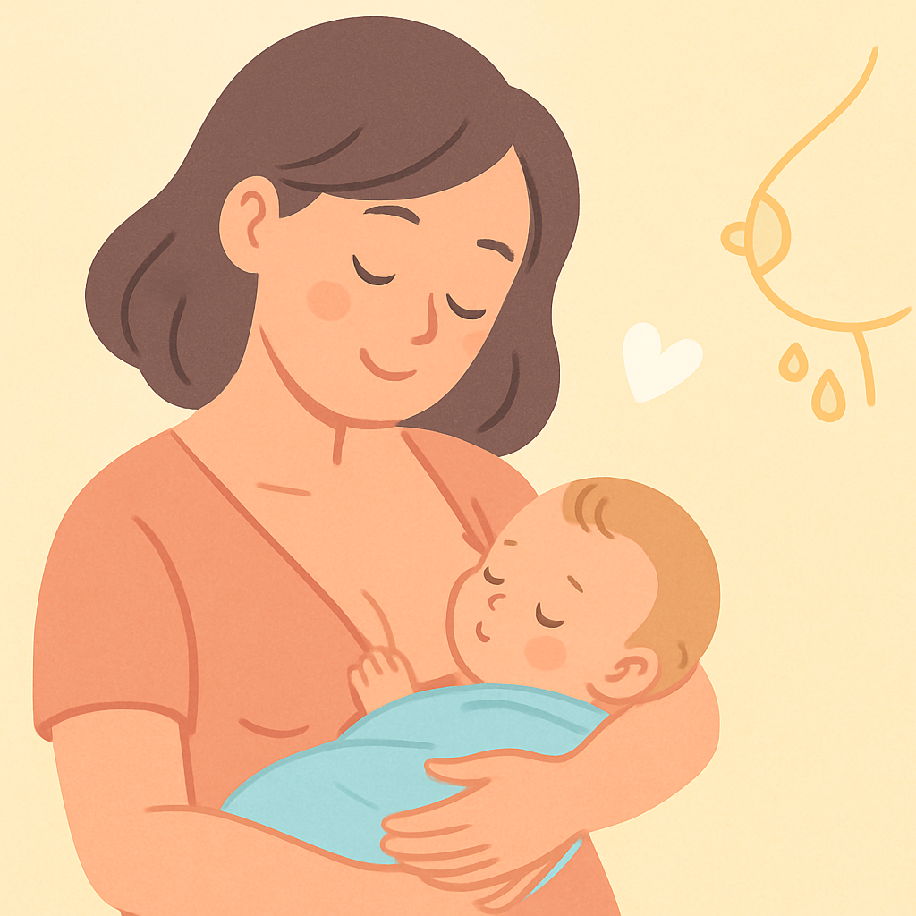 やさしい表情で赤ちゃんに母乳をあげるママのイラスト。淡い色合いとハートマークで安心感や愛情を表現。