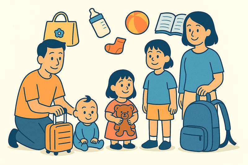 赤ちゃん、幼児、小学生の子どもたちと家族が並ぶイラスト。それぞれに合った旅行バッグや持ち物が描かれている。