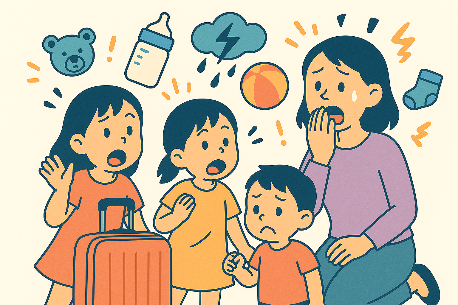 子連れ旅行で困り顔の2児のママと子どもたち、トラブルをイメージしたアイコン付きイラスト