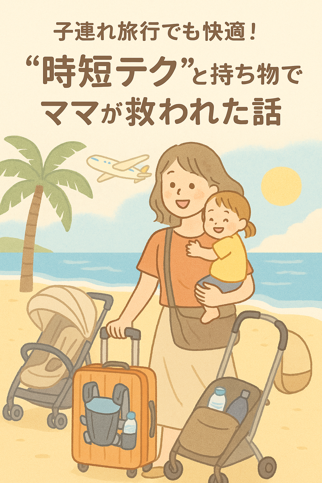 2児の母と家族が、色分けポーチや便利グッズを使って旅行のパッキングを楽しそうに準備しているイラスト。家族みんなが笑顔で、時短アイテムやチェックリストも描かれた明るい雰囲気です。