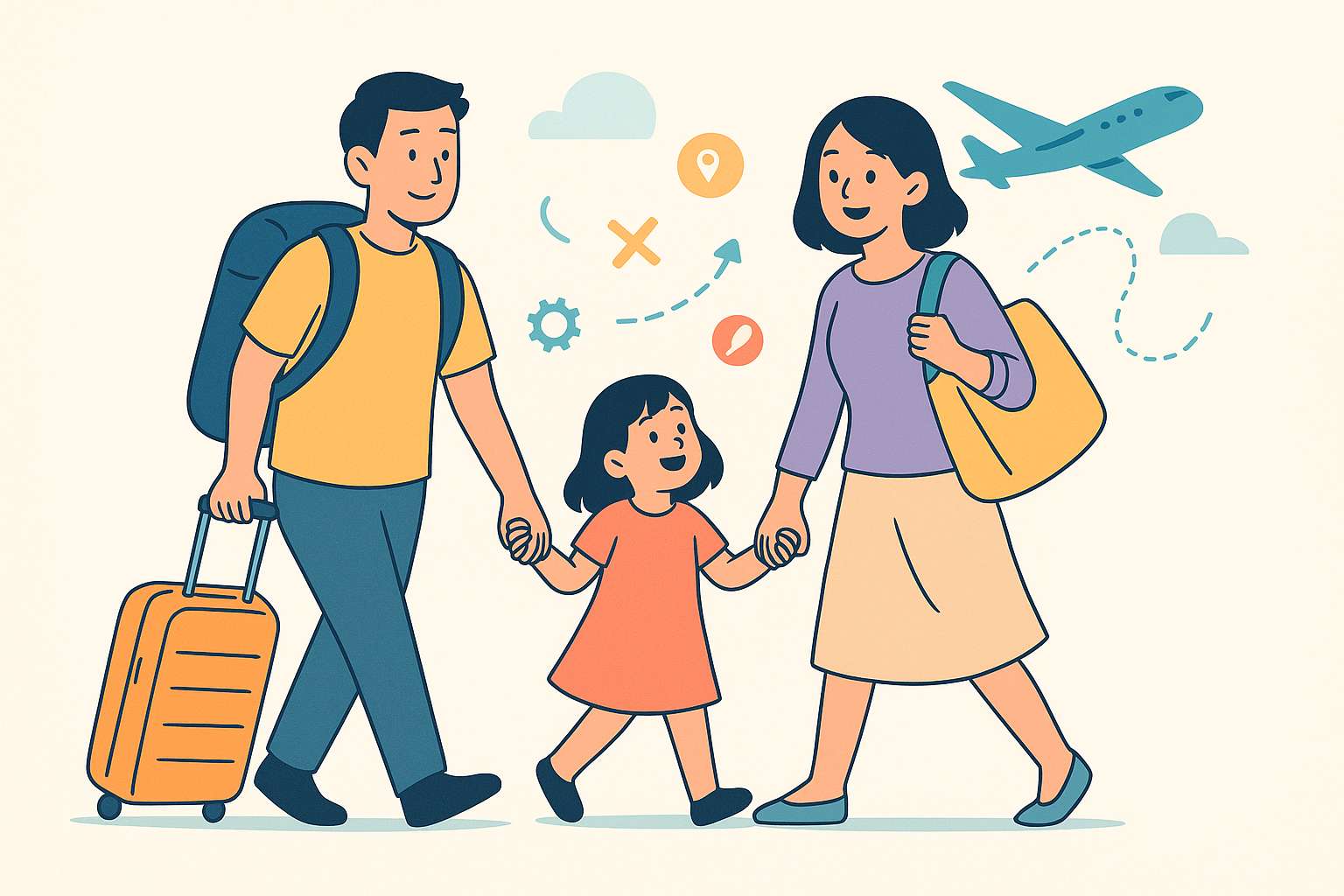 子供と手をつなぎ、旅行に出かける家族のイラスト。飛行機のモチーフと淡い色合いで、子連れ旅行のワクワク感を表現。