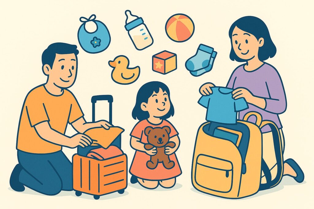 家族で旅行の準備をしているイラスト。スーツケースやリュックに子供用品やおもちゃ、着替えなどを詰めているシーン。明るく親しみやすい雰囲気。
