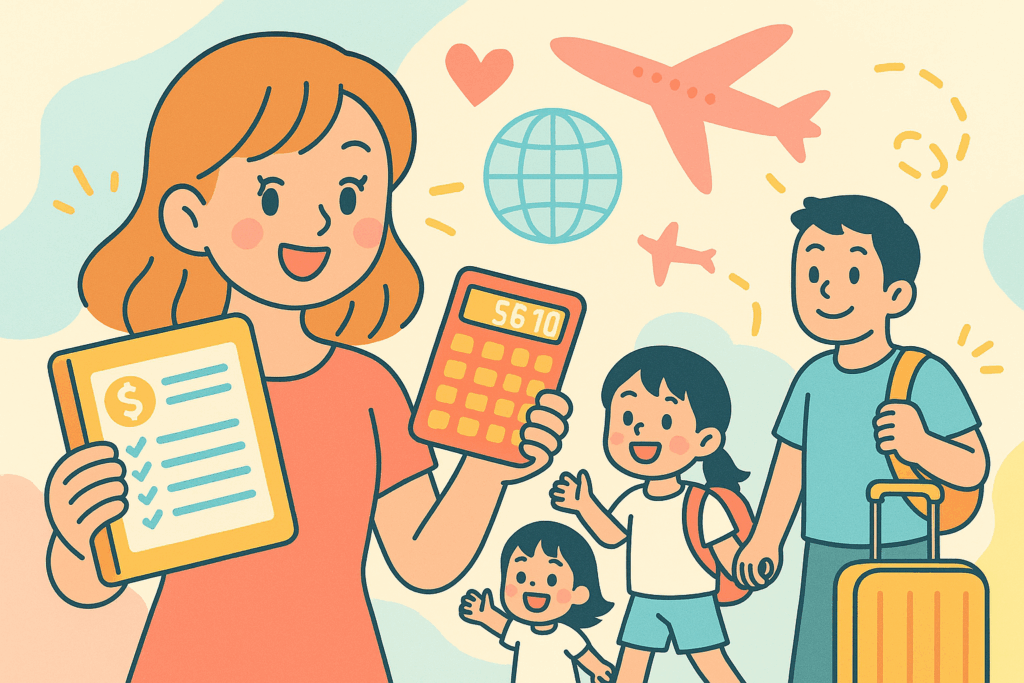 明るい髪の若いママが家計簿と電卓を持ち、家族で旅行に出発するポップなイラスト。飛行機や地球、旅行バッグなど旅行イメージのアイコン付き。