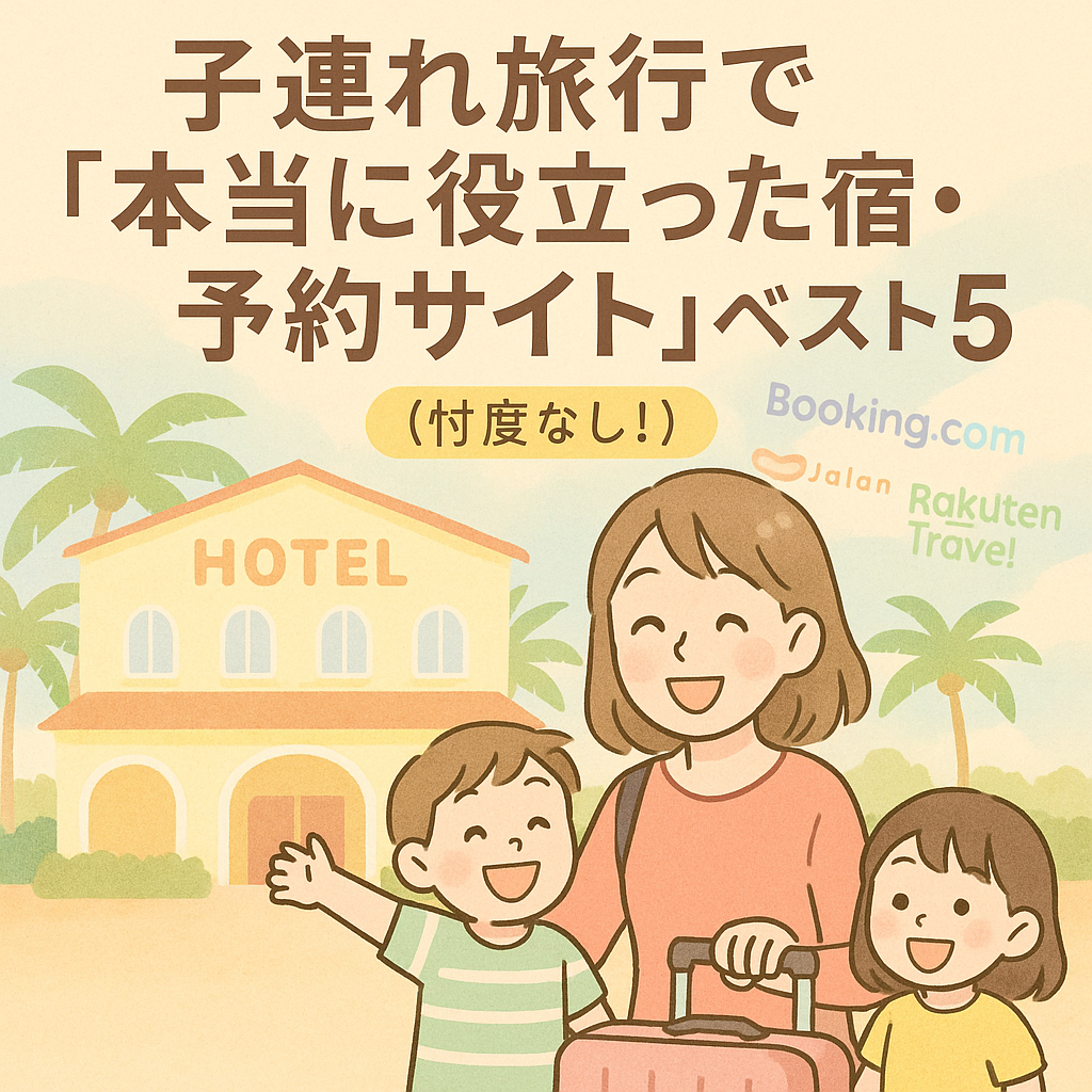 子連れでホテルにチェックインする母親と2人の子どもたち。背景には南国のホテルと、Booking.com・じゃらん・楽天トラベルのロゴが表示されている。タイトルは『子連れ旅行で本当に役立った宿・予約サイトベスト5（忖度なし！）