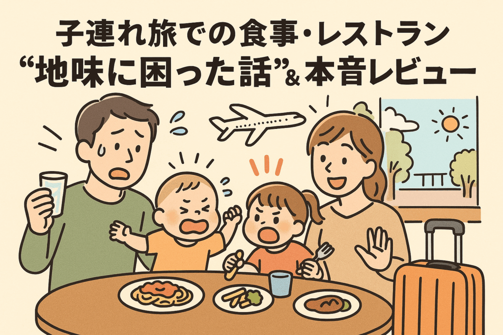 子連れ旅行中のレストランで、泣いている赤ちゃんと口論する幼児に困っている父親と、それを笑顔でなだめる母親の家族イラスト。テーブルには食事が並び、背景には窓から青空と飛行機が見える。タイトルは『子連れ旅での食事・レストラン“地味に困った話”&本音レビュー』