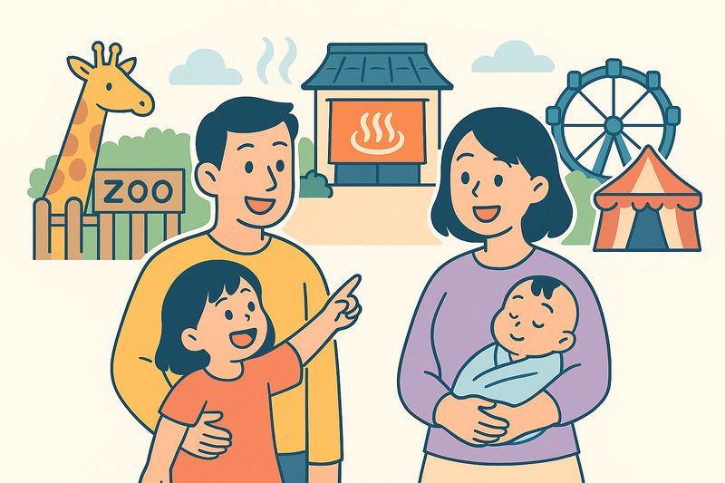 家族で動物園や温泉、テーマパークを楽しむイラスト。子連れ旅行のワクワク感と関東の観光地が描かれている。