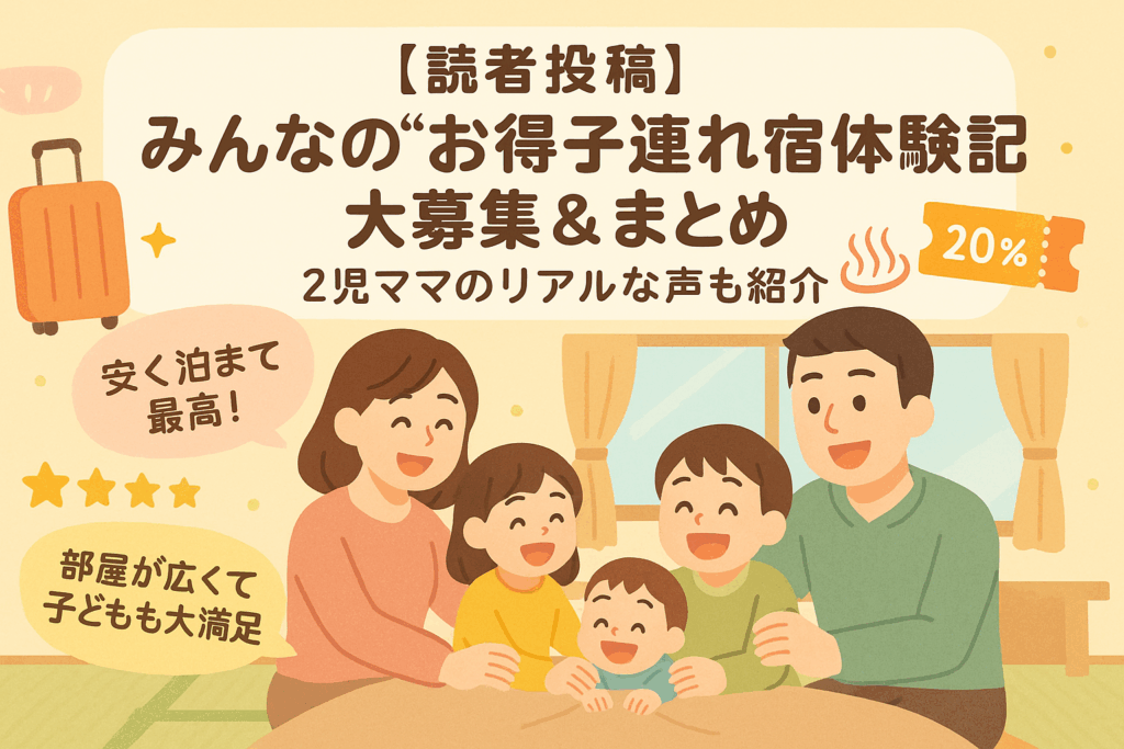 2児のママ・パパ・子ども2人が家族でお得な宿に宿泊し、笑顔で過ごしているイラスト。スーツケースや割引クーポン、口コミレビューなど“お得感”が伝わるブログTOP画像。