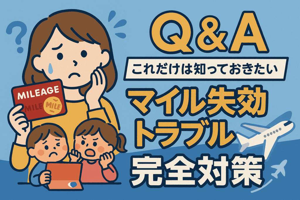 2児の母と家族が、家でカレンダーやマイルカード・スマホを確認しながら、失効トラブルを家族みんなで防ごうとしている明るいイラスト。