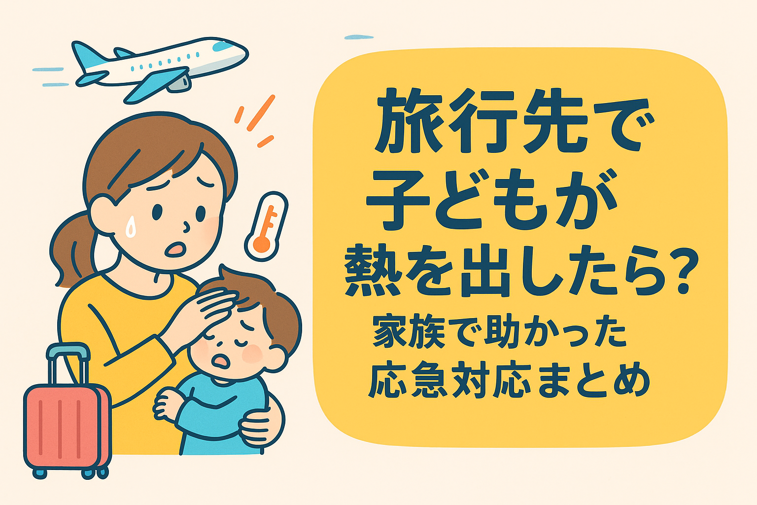 旅行先で子どもが熱を出したときの応急対応まとめ｜家族旅行を楽しむためのポップなイラスト