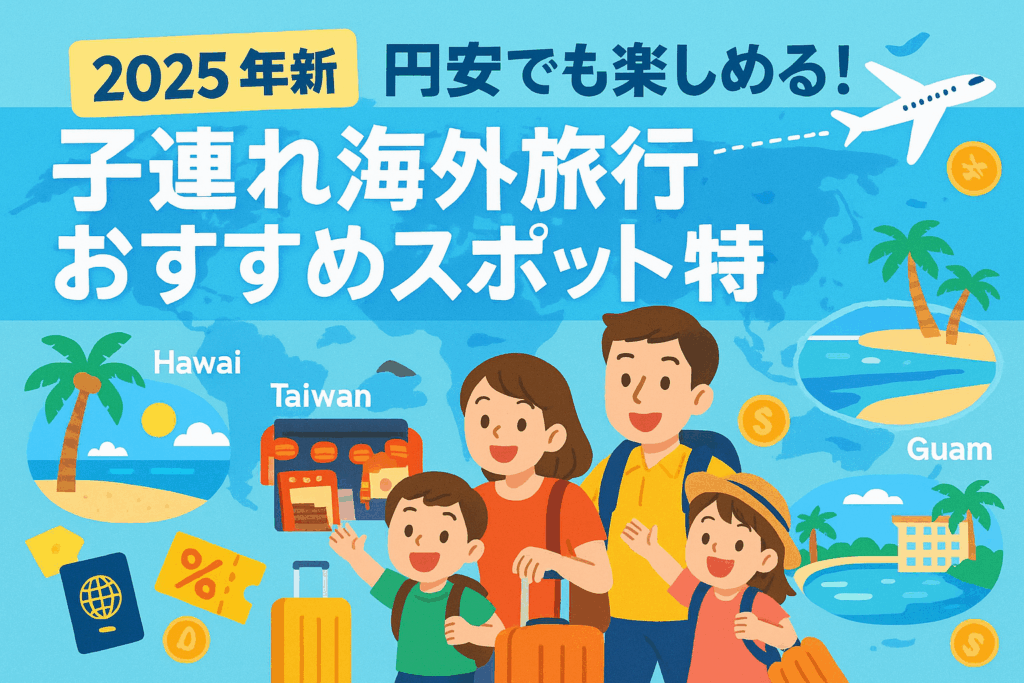 2025年最新版・円安でも楽しめる子連れ海外旅行特集のブログトップ画像。日本人の家族がスーツケースを持って海外旅行へ出発する様子。背景に飛行機や世界地図、ハワイ・台湾・韓国・グアムのランドマークやビーチが描かれているカラフルなイラスト。