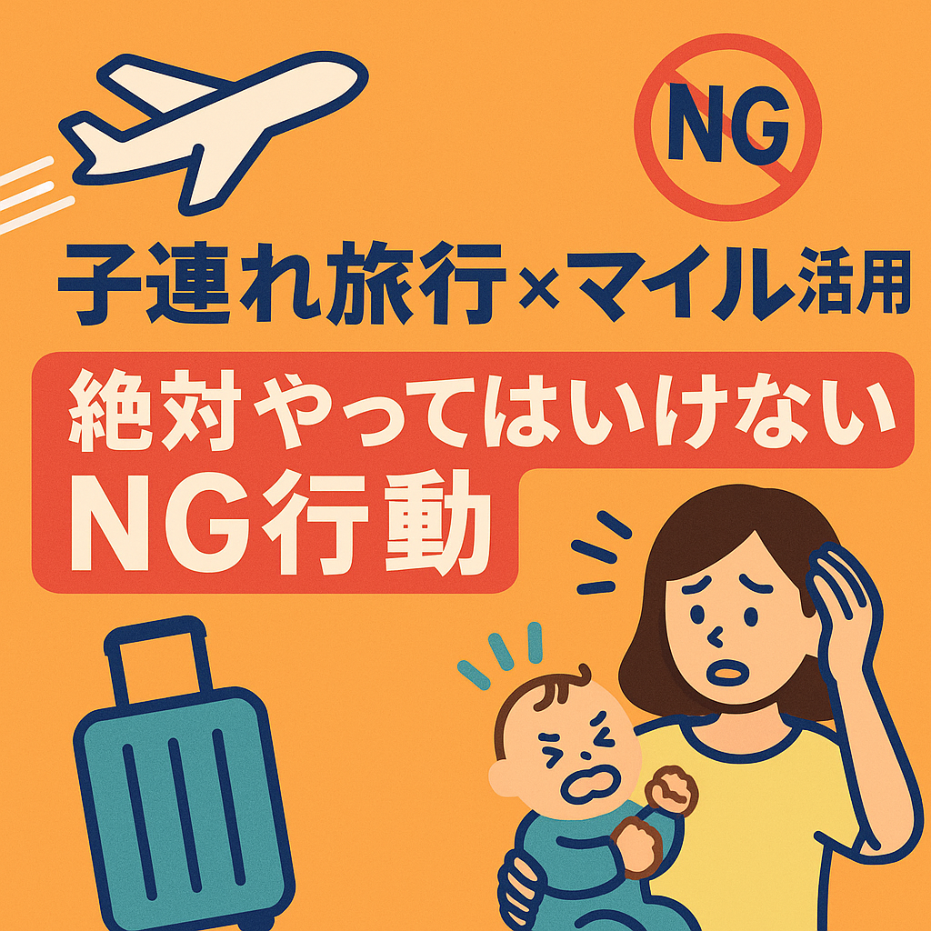 子連れ旅行×マイル活用で絶対にやってはいけないNG行動｜ママと子どものイラスト付き警告デザイン